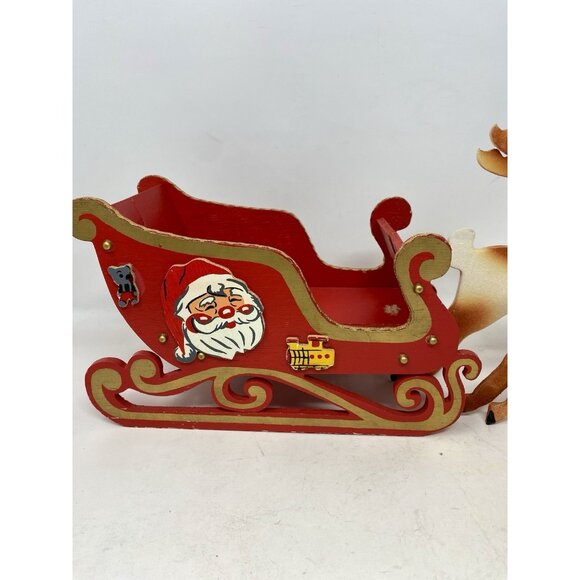 Vintage 1950s Red Wooden Santa Sleigh With Felted Reindeer Japan Folds Flat - Picture 3 of 15